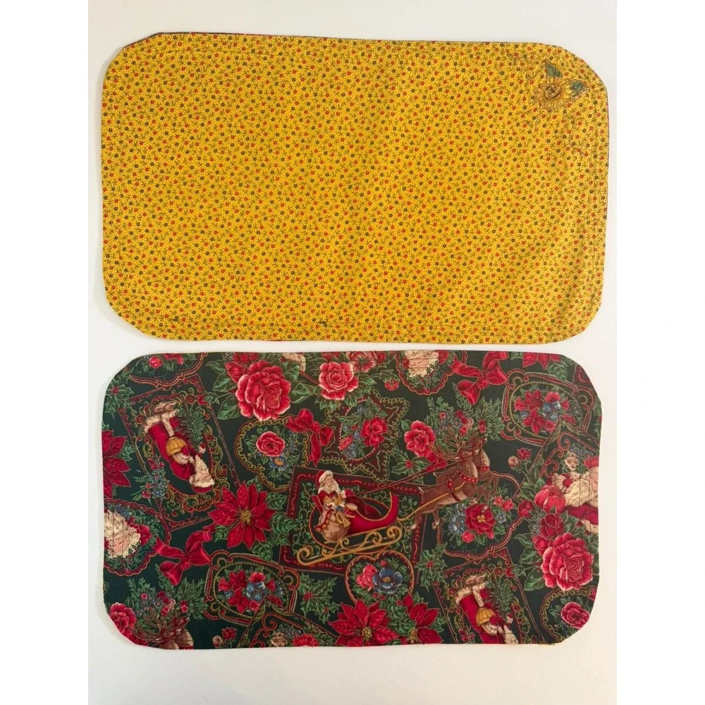 VTG Handmade Christmas Santa Reversible Fabric Placemats Set 6 Cotton Floral